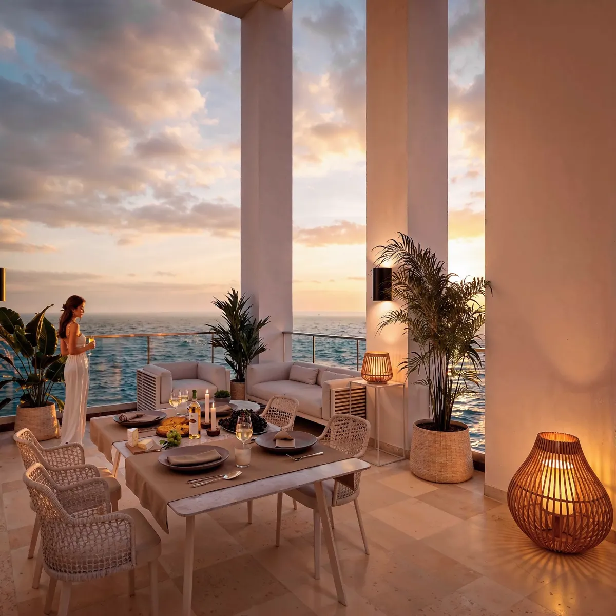 Terraza privada de Amalfi Tower al atardecer con vista abierta al Mar Caribe